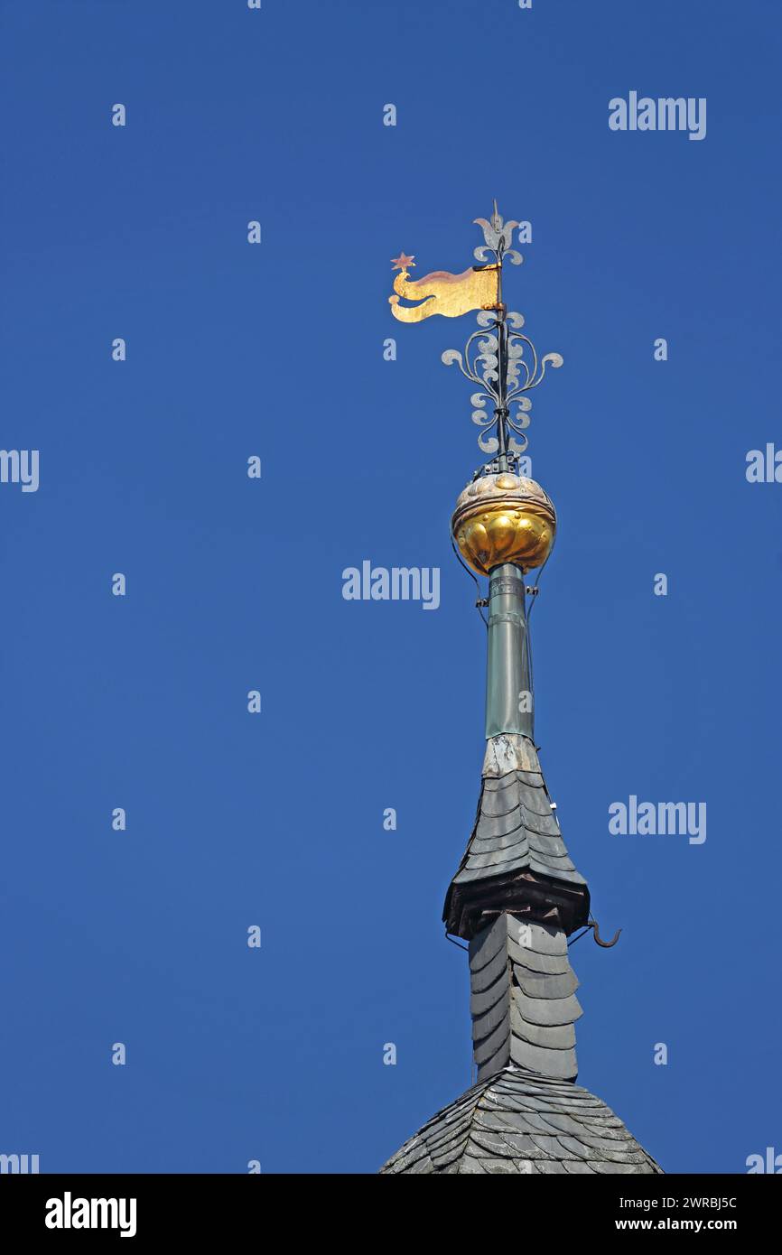 Spire with golden weather vane from the baroque town hall, ridge turret, detail, market square, Iphofen, Lower Franconia, Franconia, Bavaria, Germany Stock Photo