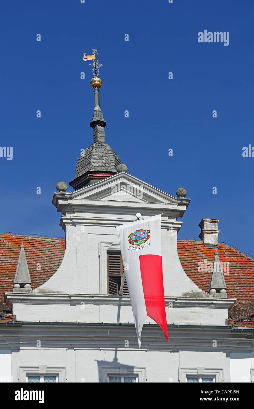Baroque town hall with flag, spire and decorations, detail, market square, Iphofen, Lower Franconia, Franconia, Bavaria, Germany Stock Photo