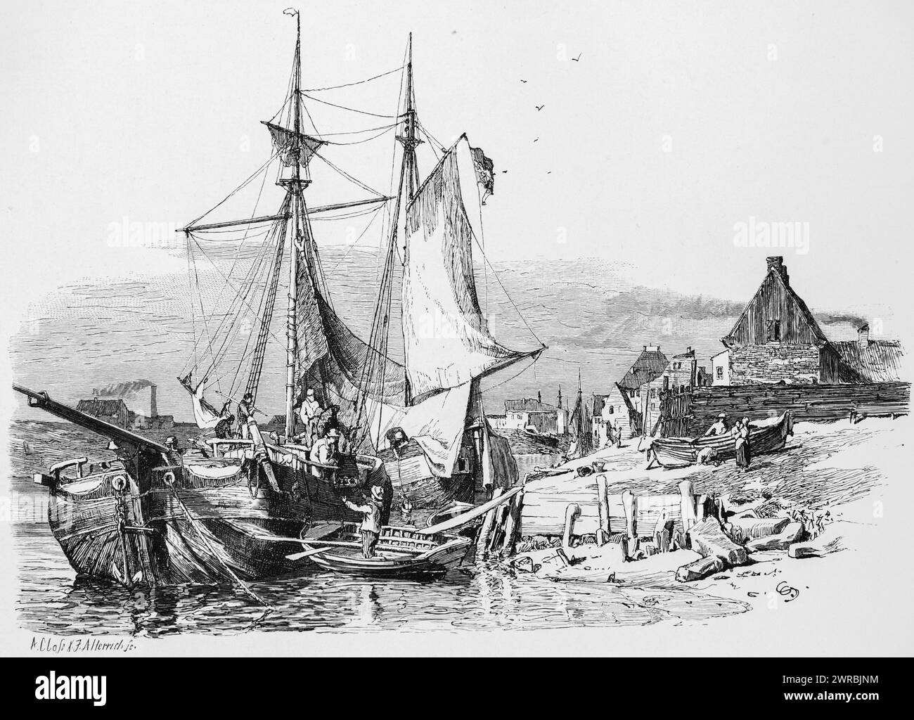 Kuffen, Kuff, historical ship type, gaff sails and square sails, goods transport near the coast, town, rowing boat, shore, people, North Sea Stock Photo