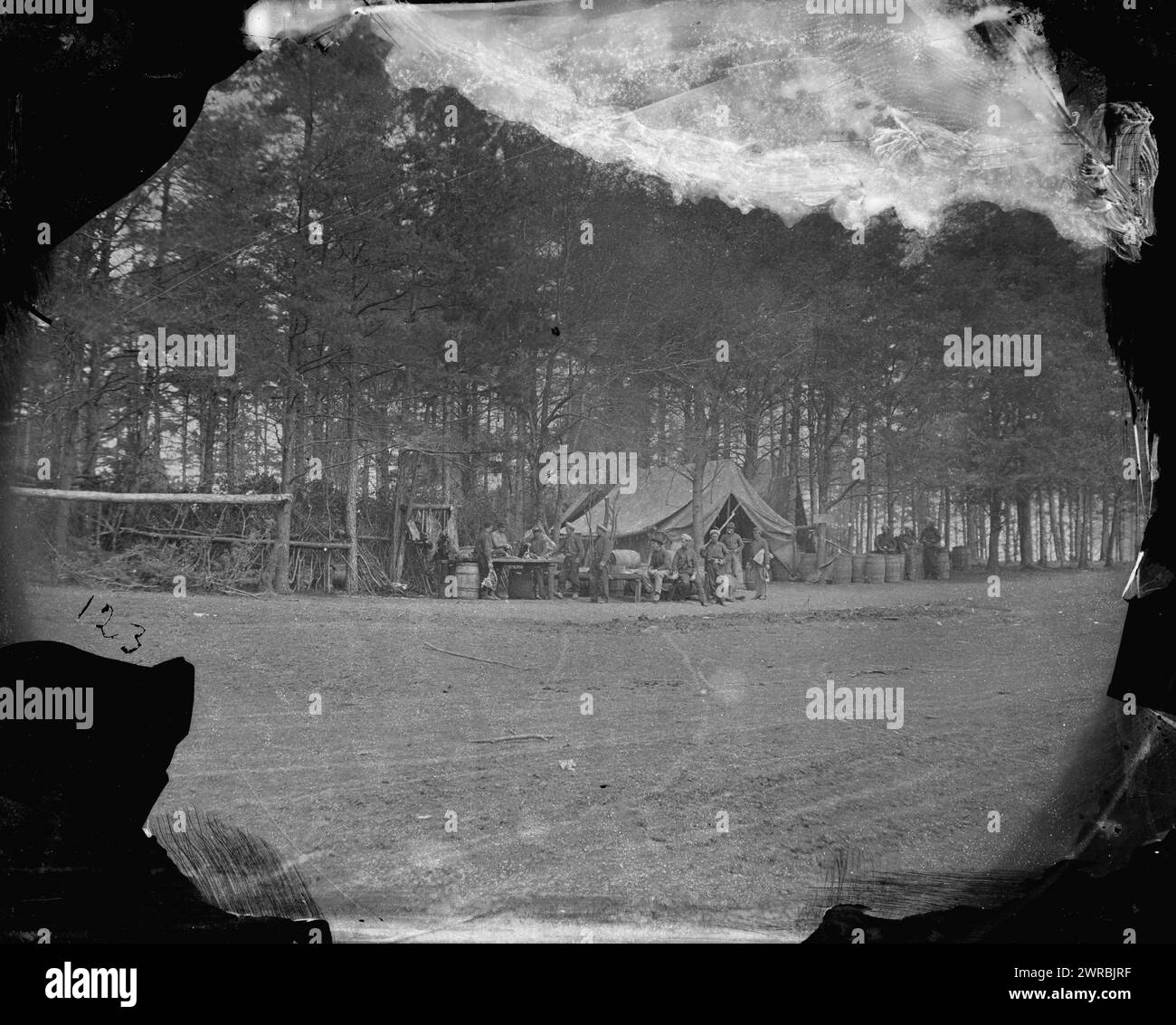 Brandy Station, Va. Commissary department, Army of the Potomac headquarters, Photograph from the main eastern theater of war, winter quarters at Brandy Station, December 1863-April 1864., O'Sullivan, Timothy H., 1840-1882, photographer, 1864 April., United States, History, Civil War, 1861-1865, Stereographs, 1860-1870., Stereographs, 1860-1870, Wet collodion negatives, 1 negative (2 plates): glass, stereograph, wet collodion Stock Photo
