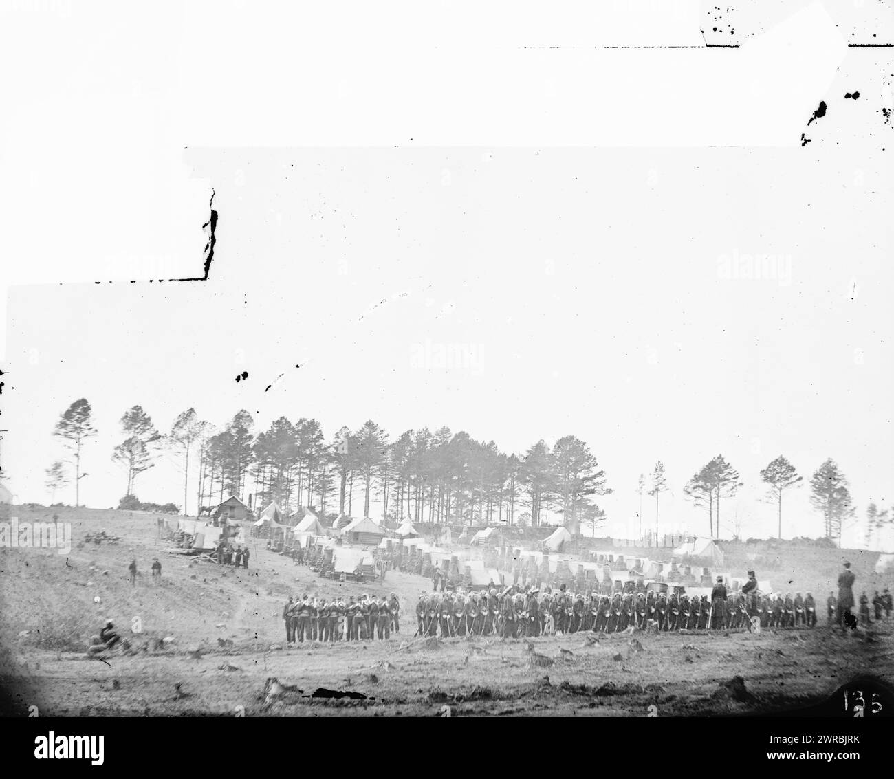 Brandy Station, Virginia. Guard mount of 114th Pennsylvania Infantry. 1st Division, 3rd Corps, O'Sullivan, Timothy H., 1840-1882, photographer, 1864 Apr., United States, History, Civil War, 1861-1865, Glass negatives, 1860-1870., Stereographs, 1860-1870, Glass negatives, 1860-1870, 1 negative (2 plates): glass, stereograph, wet collodion Stock Photo