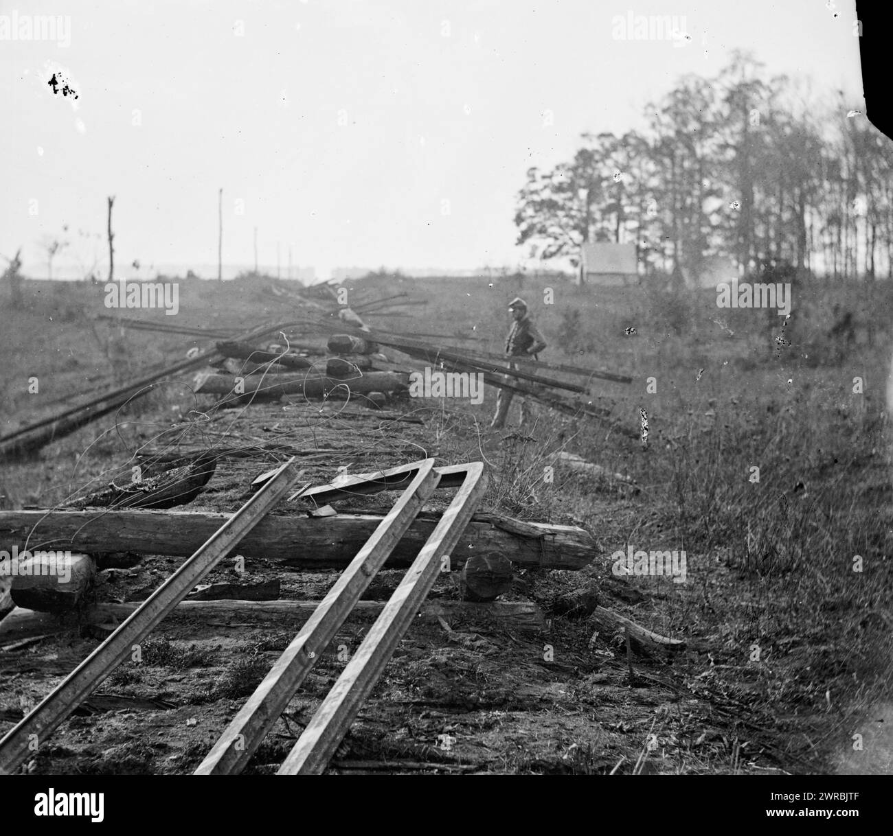 Virginia. Tracks of the Orange & Alexandria Railroad, destroyed by the Confederates between Bristow Station and the Rappahannock, Photograph from the main eastern theater of war, Meade in Virginia, August-November 1863., O'Sullivan, Timothy H., 1840-1882, photographer, 1863 October., United States, History, Civil War, 1861-1865, Transportation, Wet collodion negatives., Wet collodion negatives, 1 negative: glass, wet collodion Stock Photo