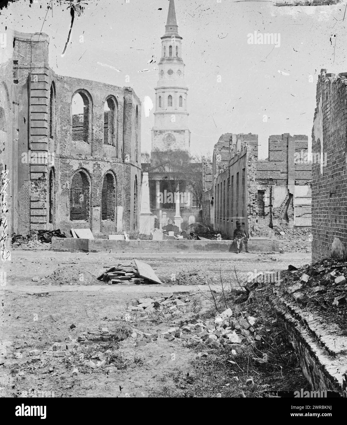 Charleston, South Carolina. Ruins of Cathedral of St. John and St. Finbar and Secession Hall, Barnard, George N., 1819-1902, photographer, 1865 April, United States, History, Civil War, 1861-1865, Glass negatives, 1860-1870., Stereographs, 1860-1870, Glass negatives, 1860-1870, 2 negatives (3 plates): glass, stereograph, wet collodion Stock Photo