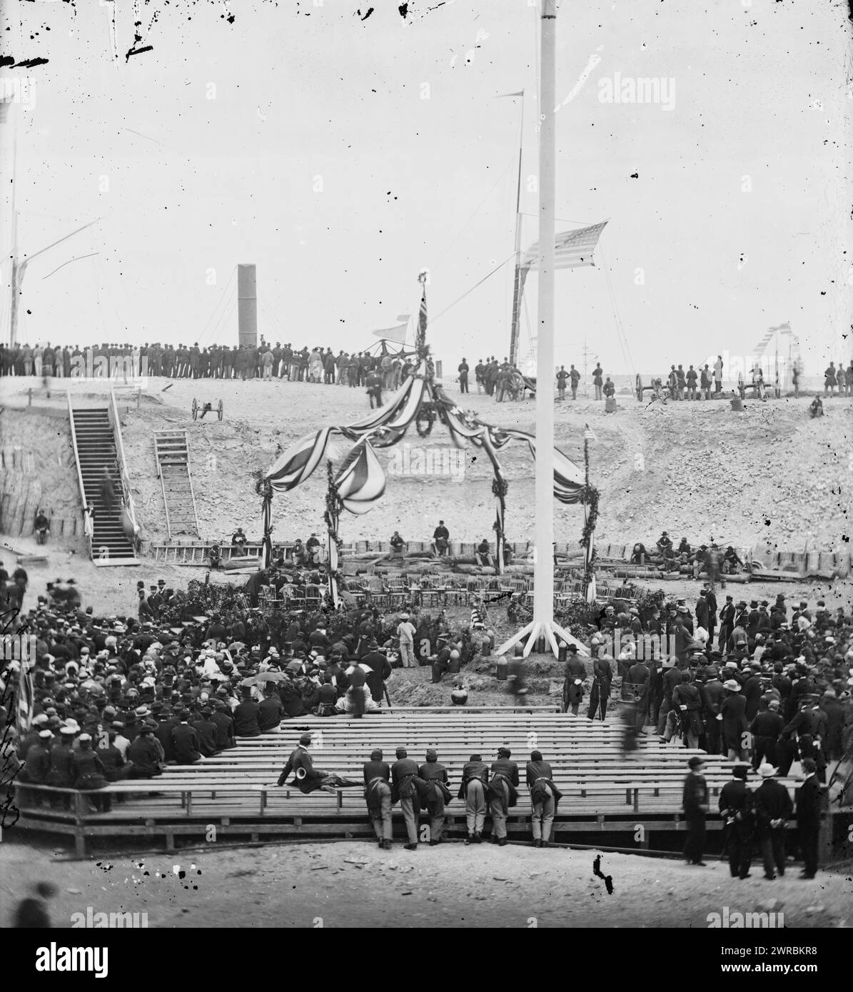 Charleston, South Carolina. Flag-raising ceremony at Fort Sumter. Arrival of Gen. Robert Anderson and guests, 1865 Apr. 14., United States, History, Civil War, 1861-1865, Glass negatives, 1860-1870., Stereographs, 1860-1870, Glass negatives, 1860-1870, 1 negative (2 plates): glass, stereograph, wet collodion Stock Photo