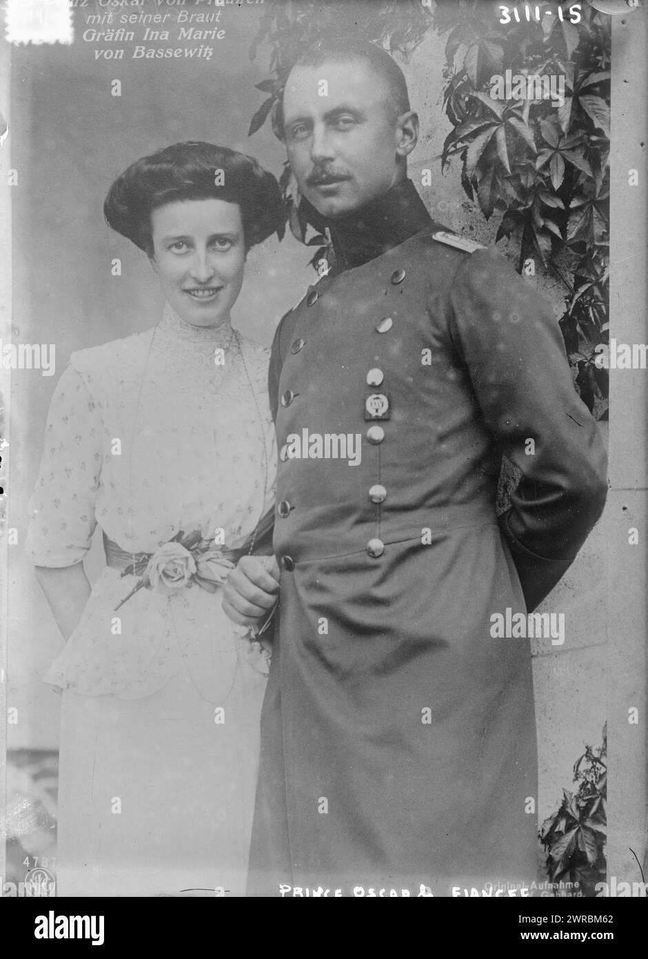 Prince Oscar & fiancee, Photo shows Countess Ina Marie von Bassewitz (1888-1973) with fiance Prince Oskar of Prussia (1888-1958)., between ca. 1910 and ca. 1915, Glass negatives, 1 negative: glass Stock Photo