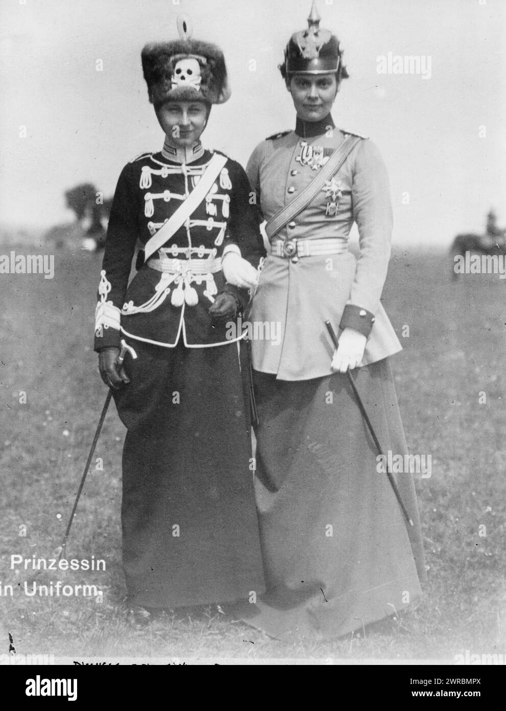 Duchess Brunswick & Crown Princess Cecilie, Photograph shows Crown Princess Cecilie Auguste Marie of Mecklenburg-Schwerin (1886-1954), wife of German Crown Prince William (right) wearing her Dragoon regiment uniform and Victoria Louise of Prussia (the Duchess of Brunswick) in the uniform of her personal Hussar Regiment., between ca. 1910 and ca. 1915, Glass negatives, 1 negative: glass Stock Photo