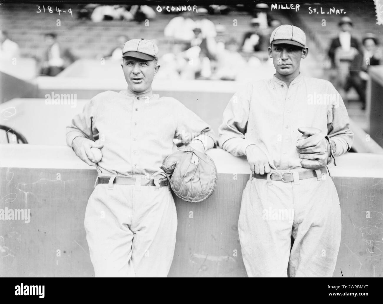 Paddy O'Connor & Dots Miller, St. Louis NL (baseball), Photograph shows baseball players John Barney 'Dots' Miller (1886-1923) and Patrick Francis O'Connor (1879-1950)., 1914 Aug, 11, Glass negatives, 1 negative: glass Stock Photo