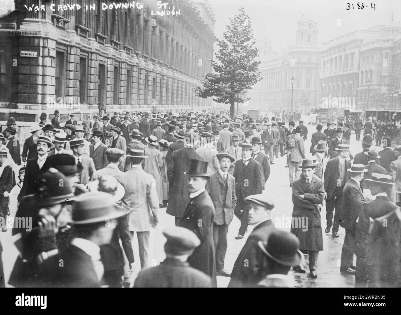 War Crowd in Downing St., London, Photograph shows crowd of people in