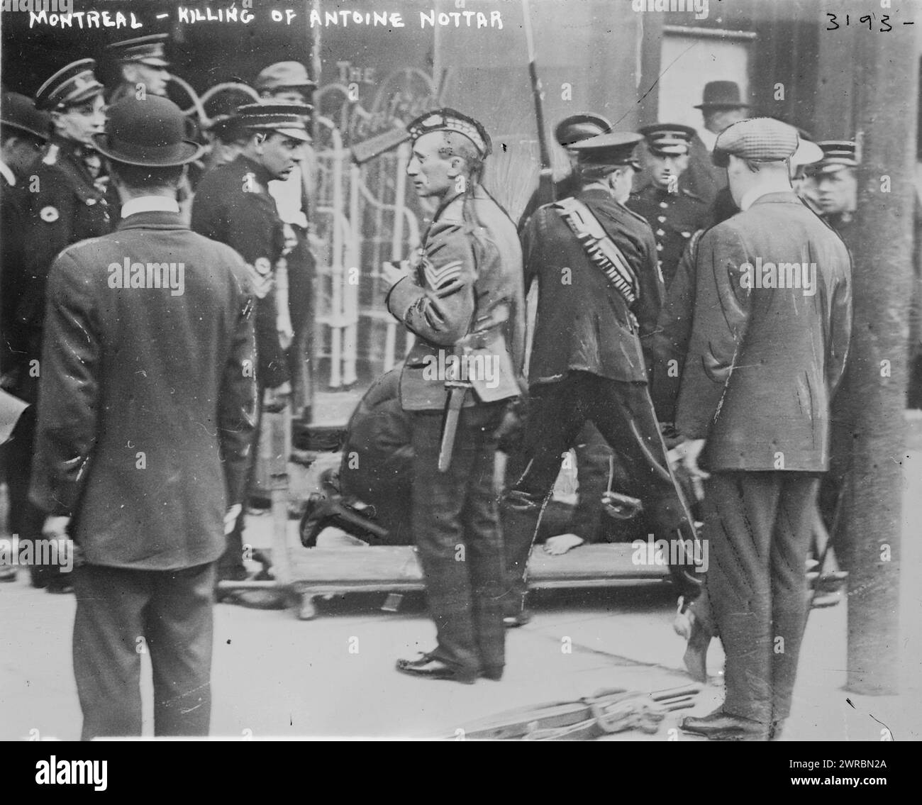 Montreal, killing of Antoine Nottar, Photograph shows scene of the shooting of Antoine Nottar, a French reservist shot by a Sgt. Hooten of the 5th Royal Highlanders in Montreal on August 14, 1914 in front of the Craig Street Armoury., 1914 Aug., Glass negatives, 1 negative: glass Stock Photo