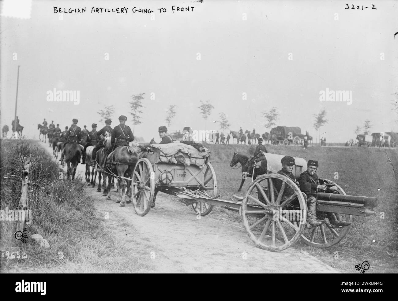 Belgian Artillery going to front, Photograph shows Belgian soldiers going to the front during World War I., between 1914 and ca. 1915, World War, 1914-1918, Glass negatives, 1 negative: glass Stock Photo