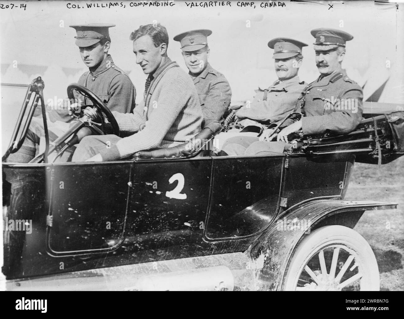 Col. Williams, Commanding Valcartier Camp, Canada, Photograph shows Colonel Victor Williams with Canadian soldiers in automobile at Canadian Forces Base Valcartier, Saint-Gabriel-de-Valcartier, Quebec. The camp was established in August 1914 as part of the mobilization of the Canadian Expeditionary Force at the beginning of World War I., between ca. 1914 and ca. 1915, World War, 1914-1918, Glass negatives, 1 negative: glass Stock Photo