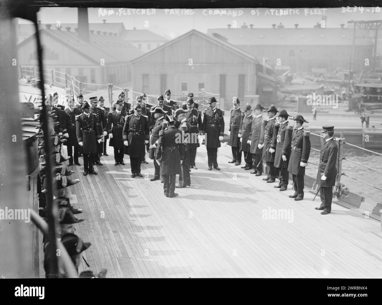 Adm. Fletcher taking command of Atlantic Fleet, Photograph shows the change of command ceremony aboard USS Wyoming (BB-32) at the Brooklyn Navy Yard (New York Naval Shipyard) as Admiral Frank Friday Fletcher (1855-1928) took command of the Atlantic Fleet on September 16, 1914., 1914 Sept., Glass negatives, 1 negative: glass Stock Photo