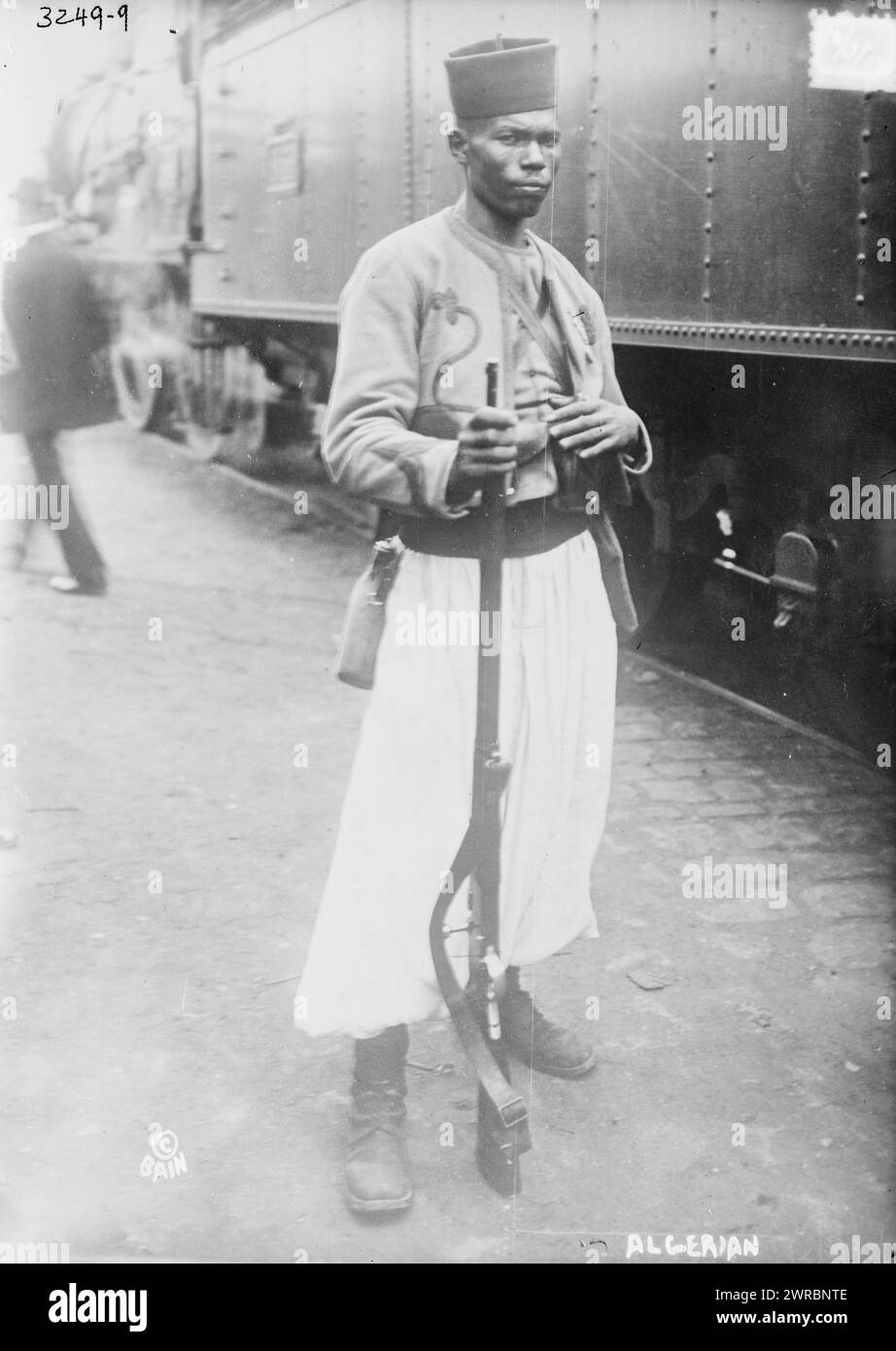 Algerian, Photograph shows a tirailleur, an infantry man in uniform from an army from French Equatorial Africa, possibly Senegal, preparing to assist France during World War I., 1914 Oct. 5, World War, 1914-1918, Glass negatives, 1 negative: glass Stock Photo