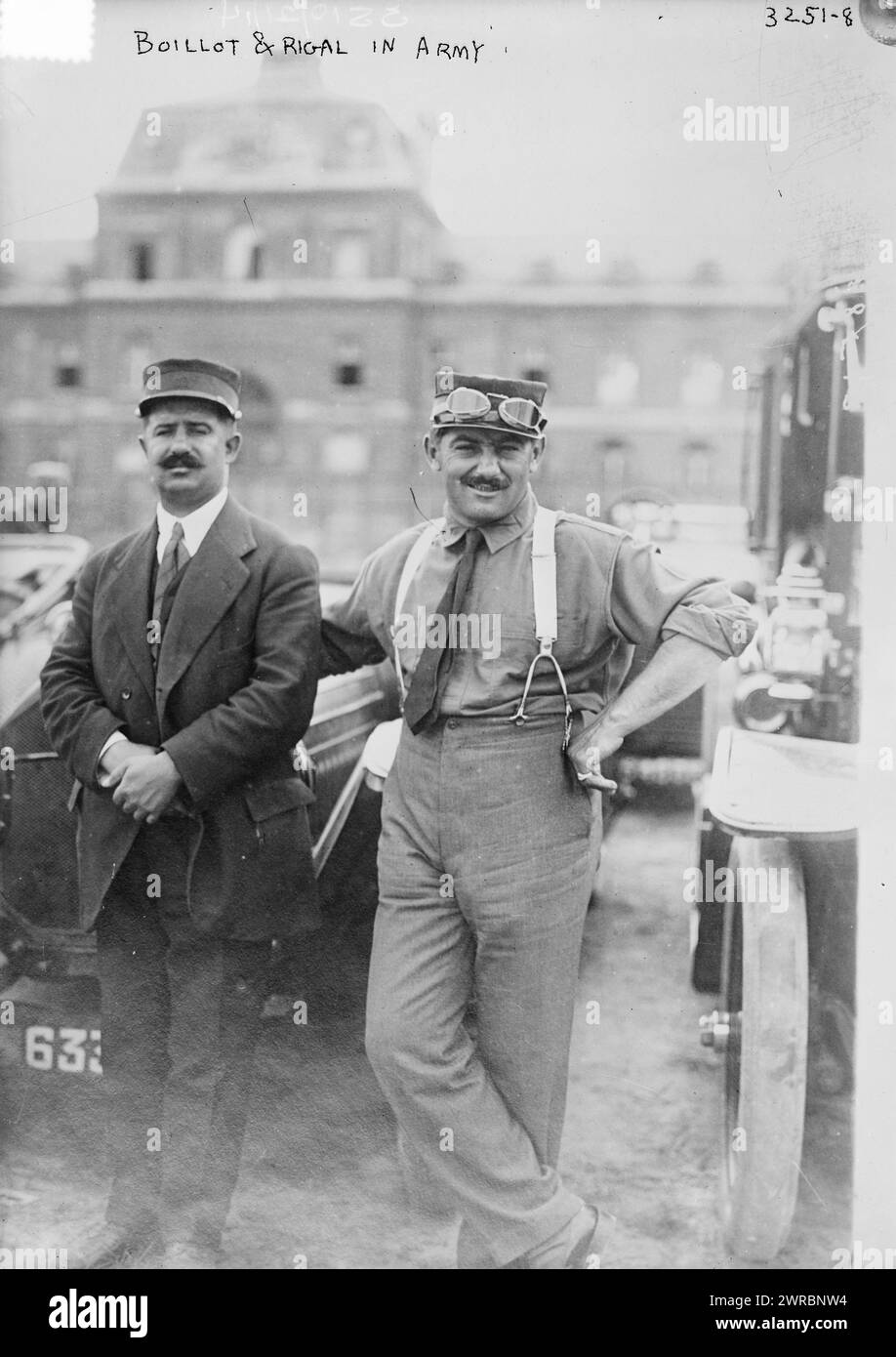 Boillot & Rigal in Army, Photograph shows race car drivers Georges Louis Frederic Boillot (1884-1916) and Victor Rigal who served in the French Army during World War I., 1914 Oct. 21, World War, 1914-1918, Glass negatives, 1 negative: glass Stock Photo