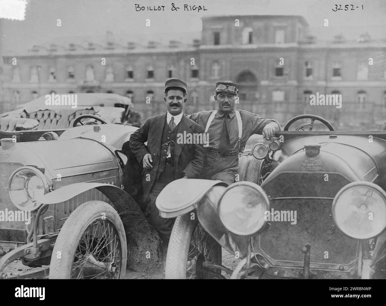 Boillot & Rigal, Photograph shows race car drivers Georges Louis Frederic Boillot (1884-1916) and Victor Rigal with a Peugot automobile during their service in the French Army during World War I., 1914 Oct. 7, World War, 1914-1918, Glass negatives, 1 negative: glass Stock Photo