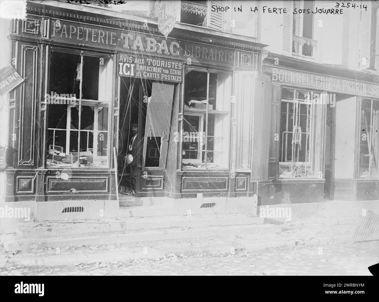 Shop in La Ferte Sous Jouarre, Photograph shows shops in La Ferté-sous-Jouarre, France which were damaged in World War I., 1914 Oct. 7?, World War, 1914-1918, Glass negatives, 1 negative: glass Stock Photo