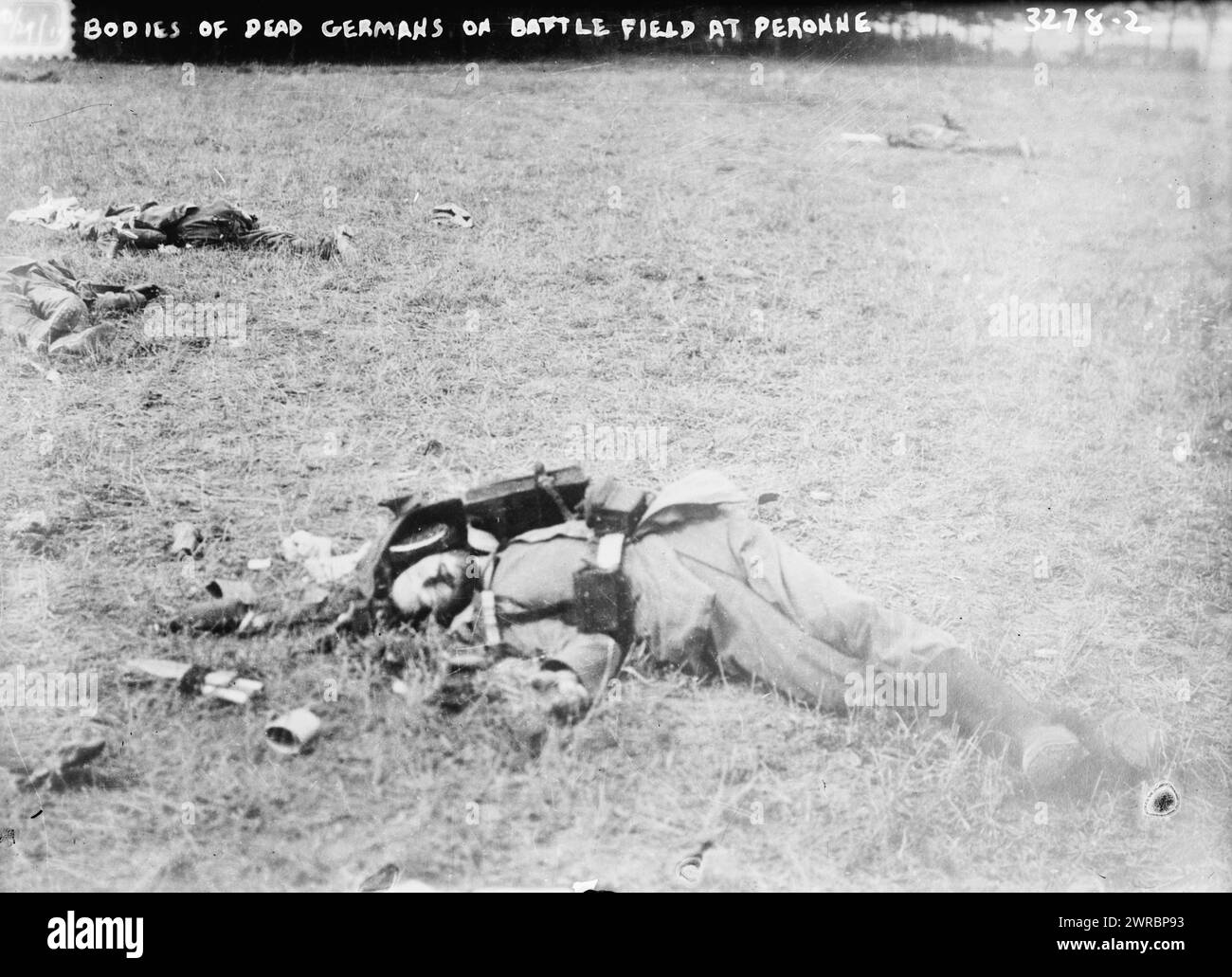 Bodies of dead Germans on battle field at Peronne, Photograph shows dead German soldiers on battlefield at Fère Champenoise after a battle during World War I., 1914 Oct. 29, World War, 1914-1918, Glass negatives, 1 negative: glass Stock Photo