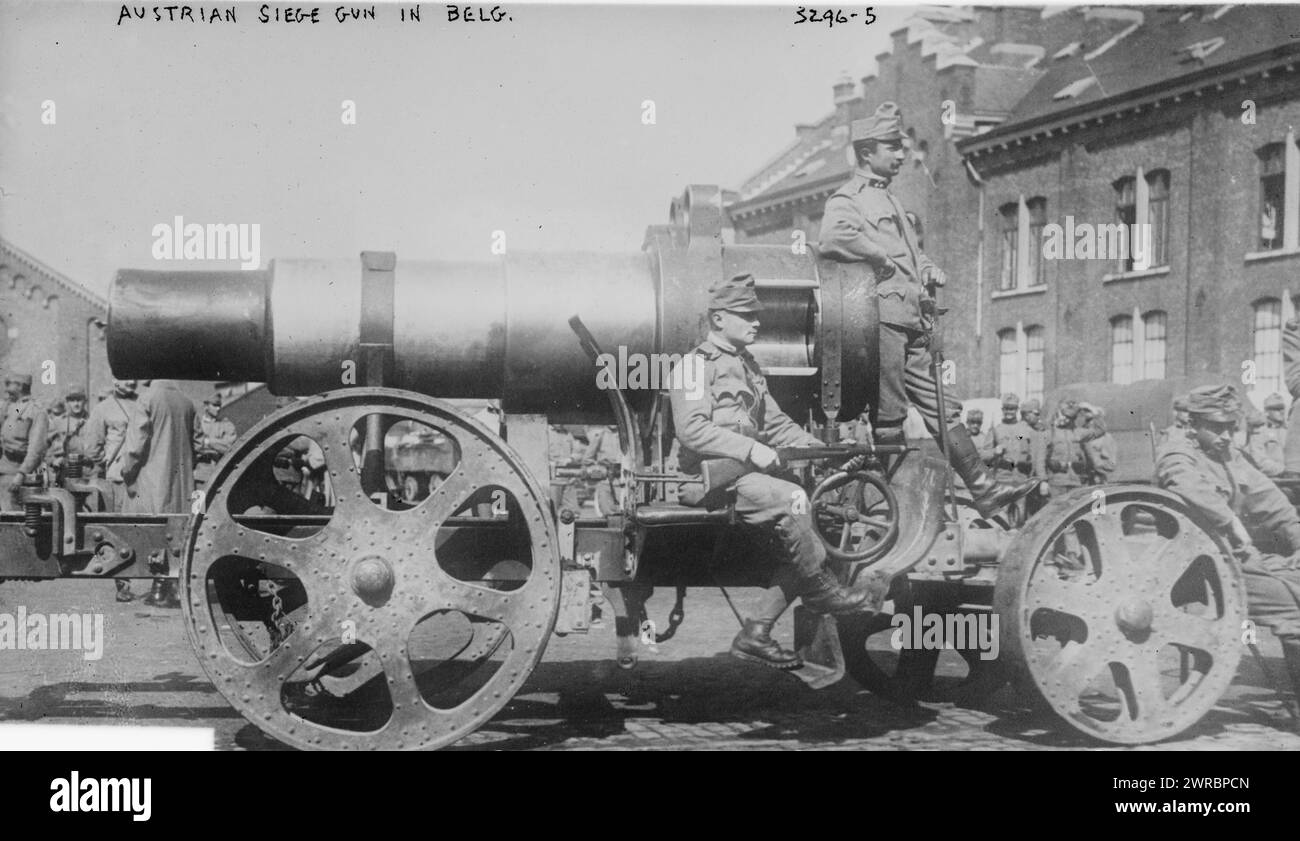 Austrian siege gun in Belg. i.e., Belgium, Photograph shows the barrel segment of a Skoda 305 mm Model 1911 howitzer gun. The Austro-Hungarian Army loaned 8 of these guns to the German army in August, 1914 and they were used in destroying Belgian fortifications at Liege and other locations., between ca. 1914 and ca. 1915, World War, 1914-1918, Glass negatives, 1 negative: glass Stock Photo
