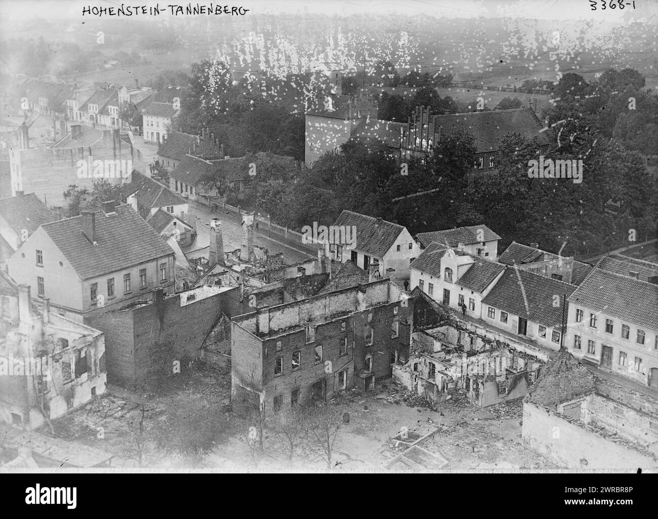 Hohenstein-Tannenberg, Photograph shows aerial view of the town of Hohenstein, (now Olsztynek, Poland) during World War I., between 1914 and ca. 1915, World War, 1914-1918, Glass negatives, 1 negative: glass Stock Photo