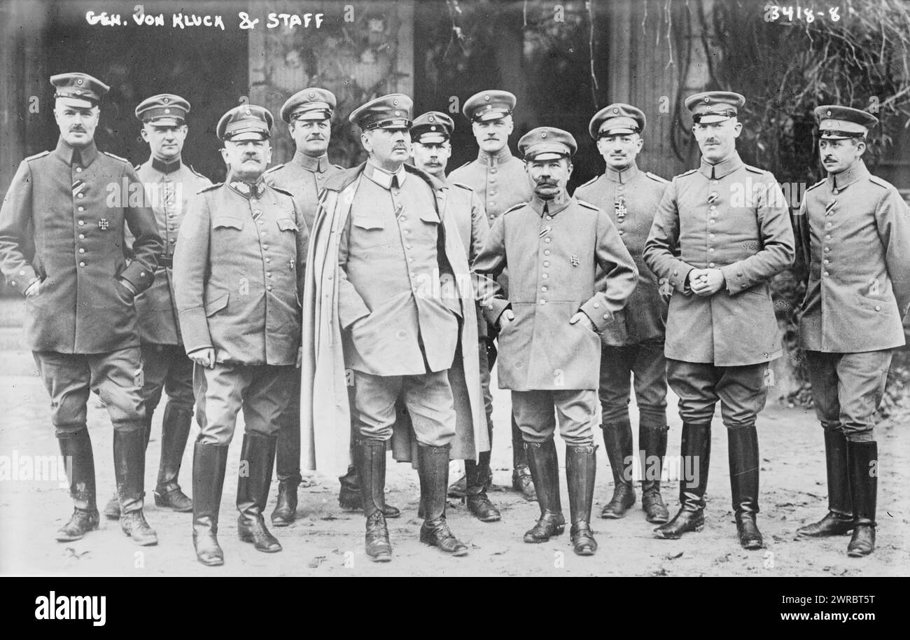 Gen. von Kluck and staff, Photograph shows: Herman von Kuhl (3rd from left); Alexander Heinrich Rudolph von Kluck (1846-1934), Prussian General of the Infantry and Army Chief Commander during World War I (5th from left); and Walter von Bergmann (8th from left)., between 1914 and ca. 1915, World War, 1914-1918, Glass negatives, 1 negative: glass Stock Photo