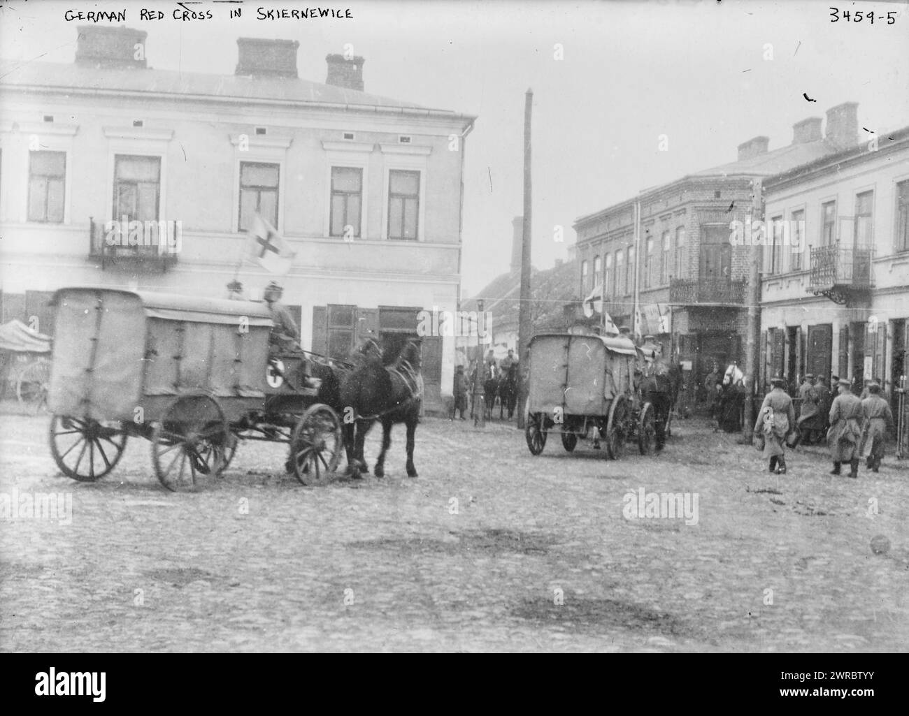 German Red Cross in Skiernewice, Photograph shows German Red Cross vehicles with flags in Skierniewice, Poland during World War I., between ca. 1910 and ca. 1915, World War, 1914-1918, Glass negatives, 1 negative: glass Stock Photo