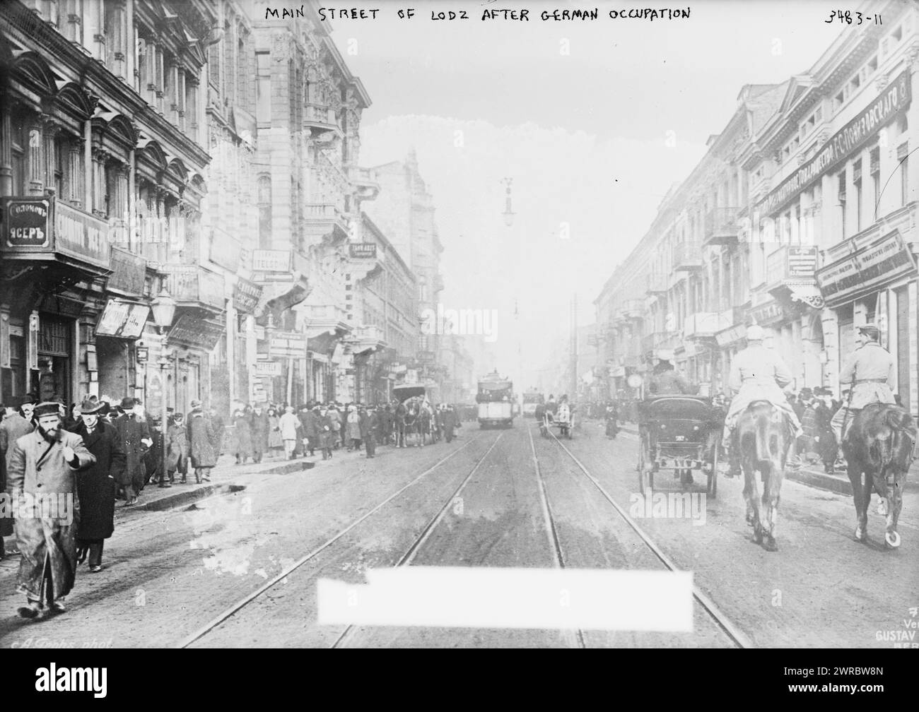 Main street of Lodz after German Occupation, Photograph probably shows Piotrkowska Street in Lodz, Poland during World War I., between 1914 and 1915, World War, 1914-1918, Glass negatives, 1 negative: glass Stock Photo