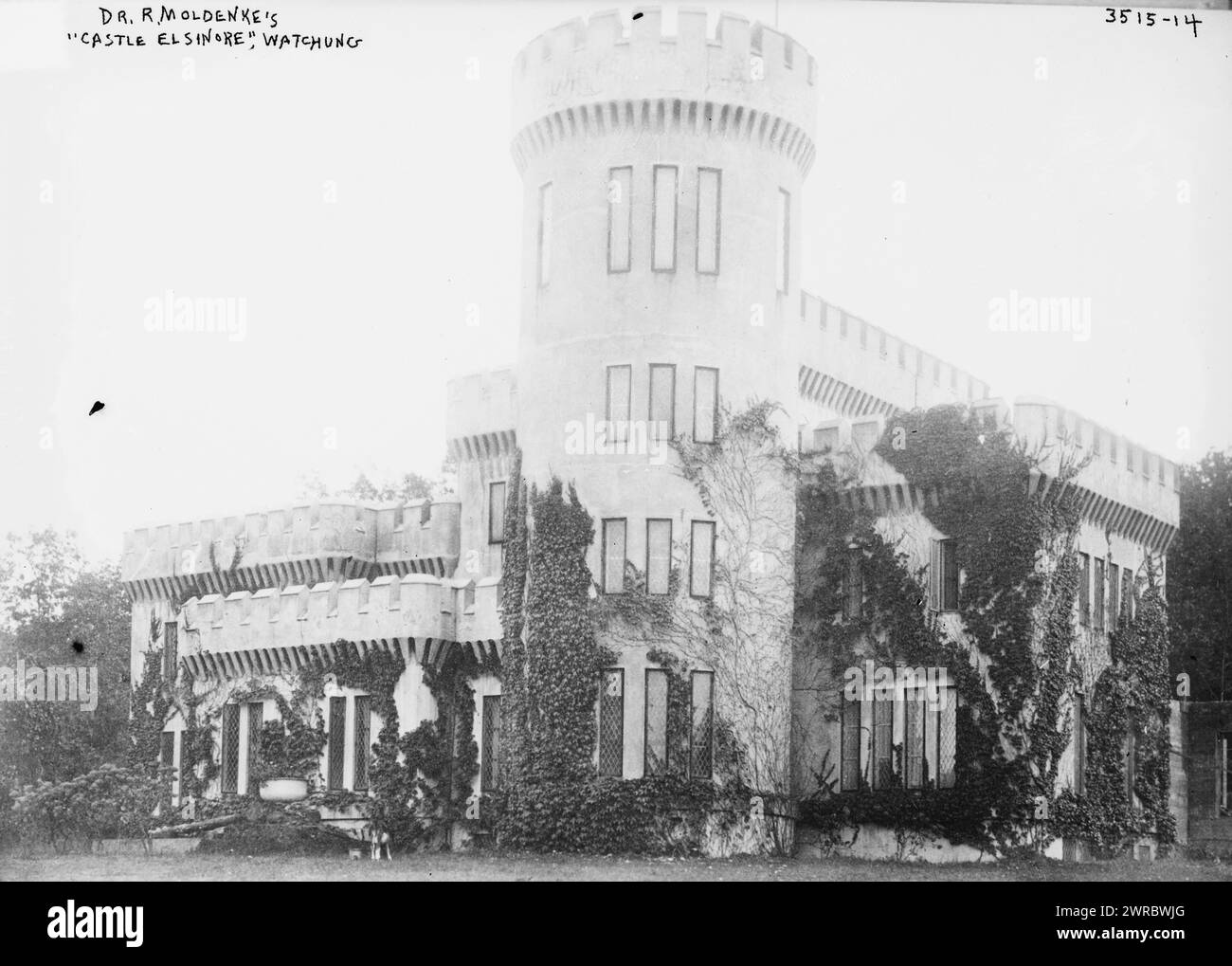 Dr. R. Moldenke's 'Castle Elsinore', Watchung, Photograph shows Castle Elsinore, the home of metallurgist Dr. Richard Moldenke in Watchung, New Jersey. The building burned in 1969., between ca. 1910 and ca. 1915, Glass negatives, 1 negative: glass Stock Photo