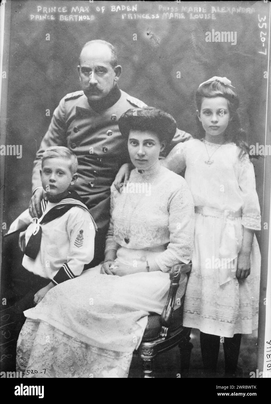 Prince Max of Baden, Pr'ss i.e., Princess Marie Alexandra, Prince Berthold, Princess Marie Louise, Photograph shows German prince and politician Maximilian Alexander Friedrich Wilhelm, Prince of Baden (1867-1929) with his wife Princess Marie Louise of Hanover and Cumberland (1879-1948), and their children, Princess Marie Alexandre of Baden (1902-1944) and Prince Berthold Margrave of Baden (1906-1963)., between ca. 1910 and ca. 1915, Glass negatives, 1 negative: glass Stock Photo