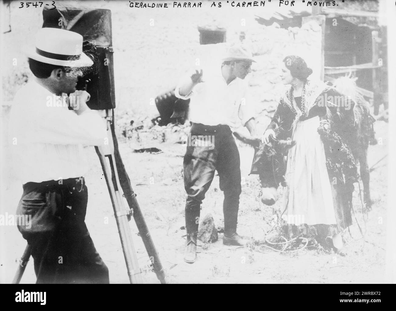 Geraldine Farrar as 'Carmen' for 'Movies', Photograph shows Cecil B. deMille(?) gesturing to opera singer Geraldine Farrar on the set of the 1915 motion picture, 'Carmen.', 1915, Glass negatives, 1 negative: glass Stock Photo