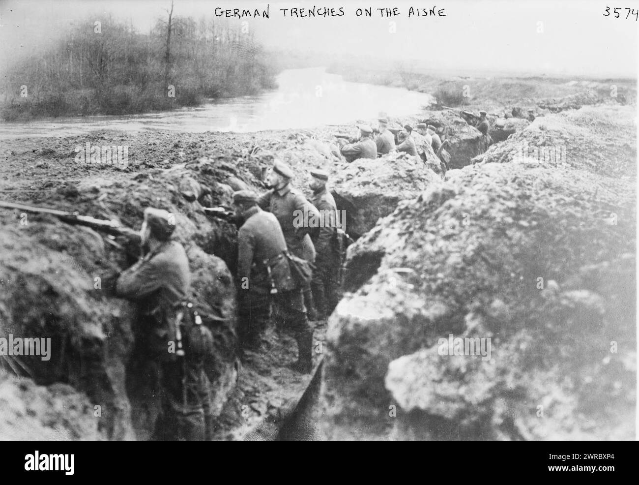 German trenches on the Aisne, Photograph shows German soldiers in trenches along the Aisne River in France during World War I., between 1914 and ca. 1915, World War, 1914-1918, Glass negatives, 1 negative: glass Stock Photo