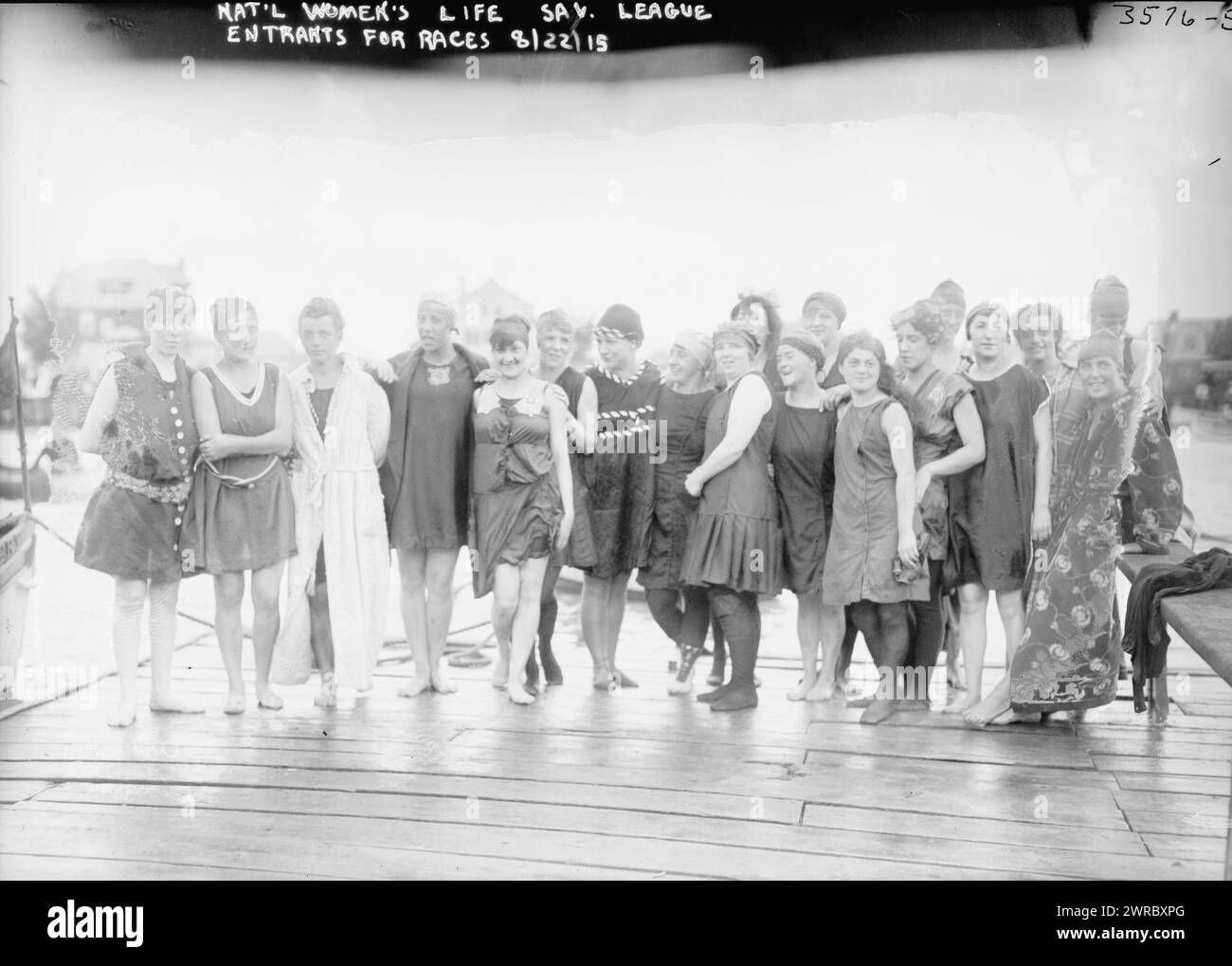 Nat'l Women's Life Sav. League entrants for races, 8/22/15, Photograph shows contestants for the National Women's Life Saving League annual contest held at Chisolm's Bathing Pavillion at Sheepshead Bay, Brooklyn, New York., 8/22/15, Glass negatives, 1 negative: glass Stock Photo