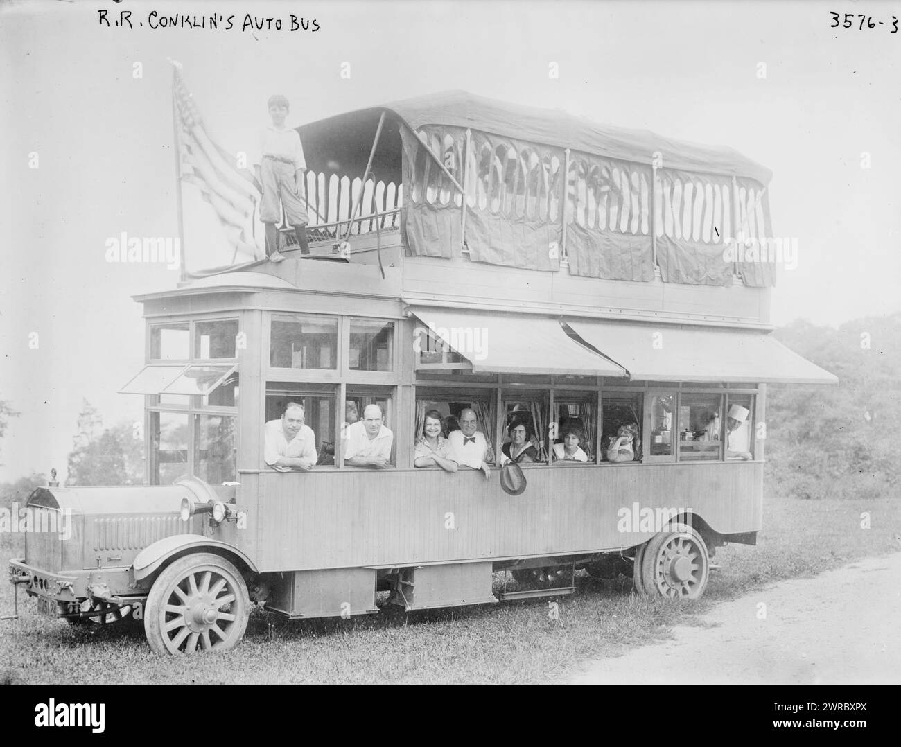 R.R. Conklin's auto bus, Photograph shows the 'land yacht' double-decker bus of Roland R. Conklin, who traveled from Huntington, Long Island to Chicago in 1915., 1915, Double-decker buses, Glass negatives, 1 negative: glass Stock Photo