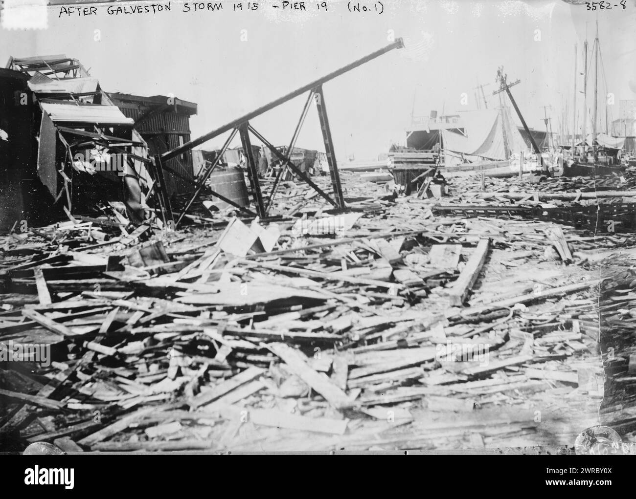 After Galveston Storm, 1915, Pier 19 (No. 1), Photograph shows aftermath of the 1915 Galveston Hurricane., 1915., Glass negatives, 1 negative: glass Stock Photo