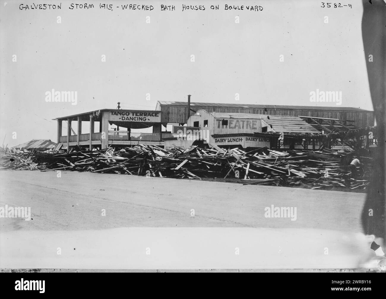 Galveston Storm, 1915, Wrecked bath houses on Boulevard., Photograph