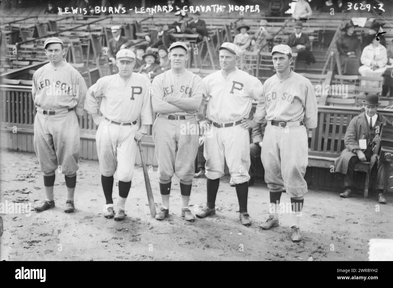 Duffy Lewis, Dutch Leonard, & Harry Hooper of Boston AL; Ed Burns & Gavvy Cravath of Philadelphia NL (baseball), 1915, Glass negatives, 1 negative: glass Stock Photo