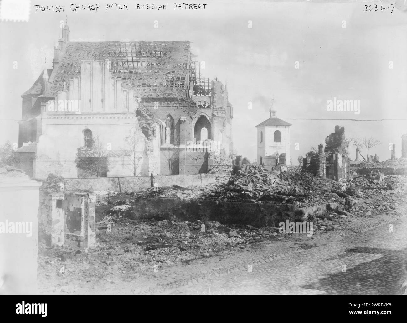 Polish Church after Russian retreat, Photograph shows a Polish church damaged by fighting during World War I., between 1914 and ca. 1915, World War, 1914-1918, Glass negatives, 1 negative: glass Stock Photo