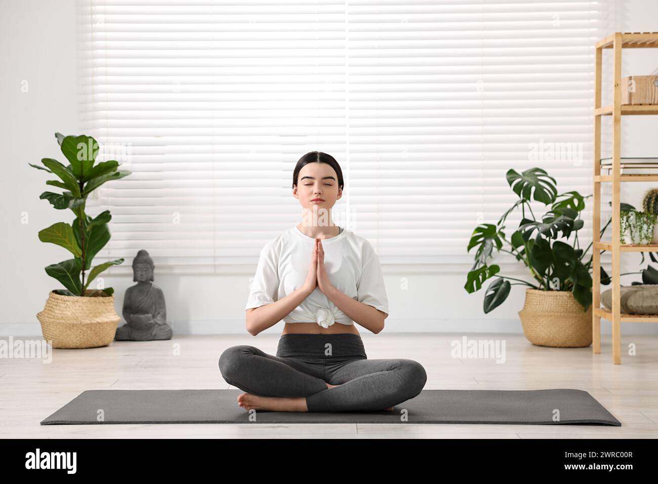 Beautiful girl meditating on mat in yoga studio Stock Photo - Alamy