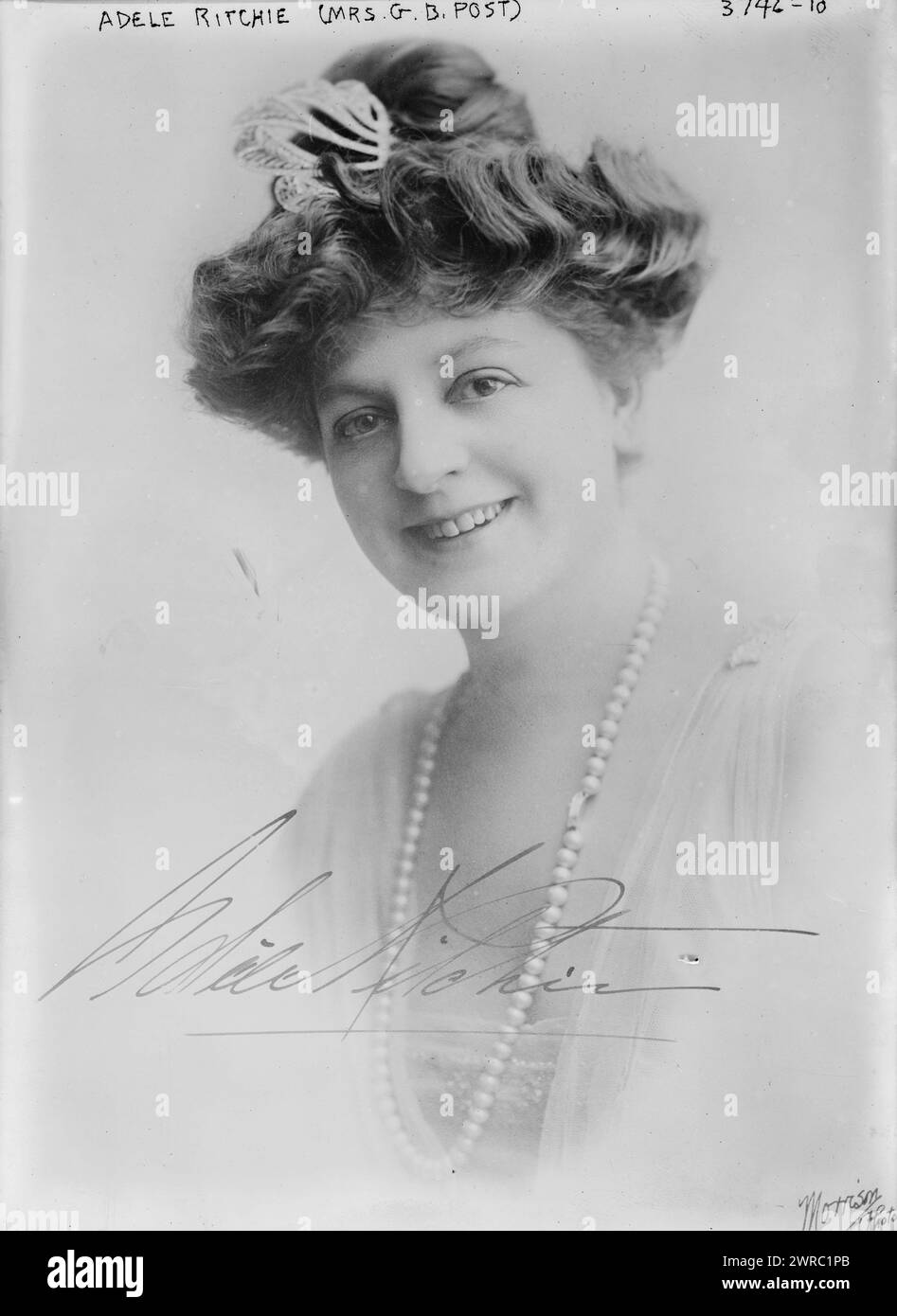 Adele Ritchie (Mrs. G.B. Post), Photograph shows musical comedy and vaudeville actress Adele Ritchie (1874-1930) who announced her engagement to Guy Bates Post on Feb. 1, 1916., between ca. 1915 and ca. 1920, Glass negatives, 1 negative: glass Stock Photo