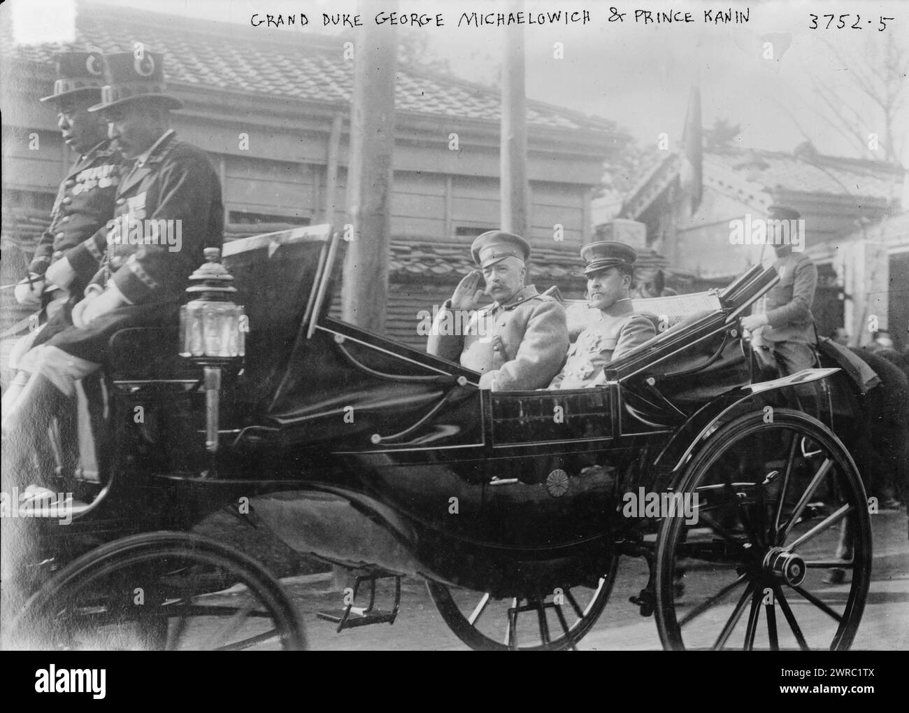 Grand Duke George Michaelowich & Prince Kanin, Photograph shows Prince Kan'in Kotohito (1865-1945), a member of the Japanese Imperial family riding in a carriage with Grand Duke George Mikhailovich of Russia (1863-1919). Grand Duke Mikhailovich visited Japan in January of 1916 in relation to the Russo-Japanese Agreement of 1916., 1916 Jan., Glass negatives, 1 negative: glass Stock Photo