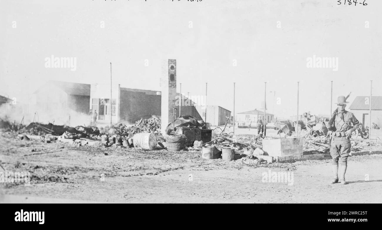 Columbus, N.M. after Villa's raid, Photograph shows the ruins of Columbus, New Mexico following the Battle of Columbus, a 1916 raid which turned into a battle between Pancho Villa's Division of the North and the U.S. Army., 1916 March 14 (date taken or published later by Bain), Glass negatives, 1 negative: glass Stock Photo