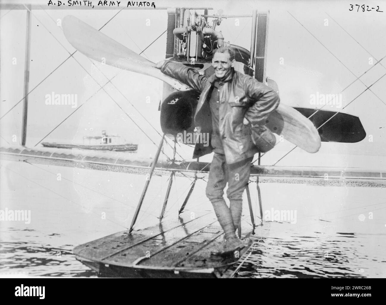 A.D. Smith, Army Aviator, Photograph shows aviator Albert D. Smith who won an American Hydroplane duration record in February 19, 1916., between ca. 1915 and ca. 1920, Glass negatives, 1 negative: glass Stock Photo