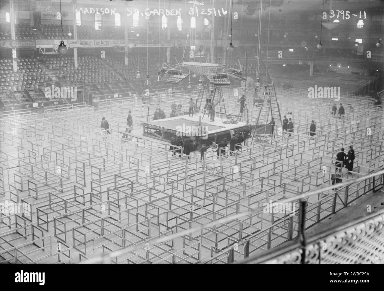 Madison Sq. Garden, 3/25/16, Photograph shows crews preparing the ring for the boxing match between Frank Moran and Jess Willard, March 25, 1916 at Madison Square Garden in New York City., 3/25/16, Glass negatives, 1 negative: glass Stock Photo