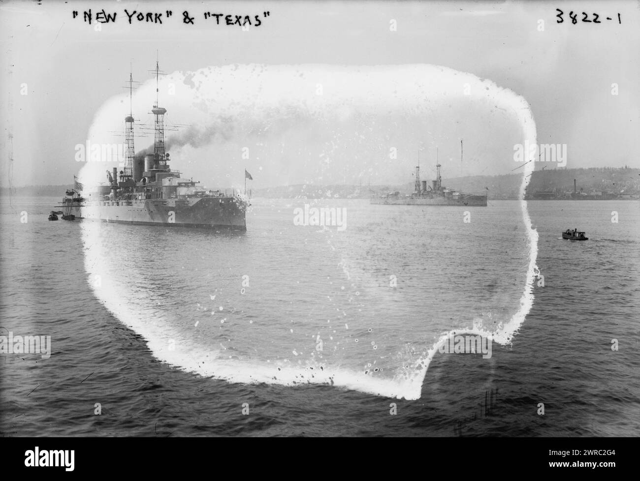 NEW YORK & TEXAS, Photograph shows the battleships USS New York(BB-34) and the USS Texas(BB-35), possibly in the Hudson River., between ca. 1915 and ca. 1920, Glass negatives, 1 negative: glass Stock Photo
