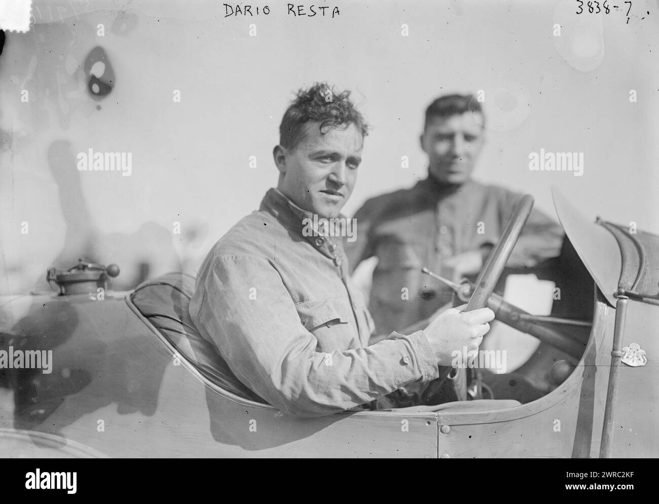Dario Resta, Photograph shows race car driver Dario Resta (1882-1924) in his 1914 Peugot L45 racing car., between ca. 1915 and ca. 1920, Automobile racing, Glass negatives, 1 negative: glass Stock Photo