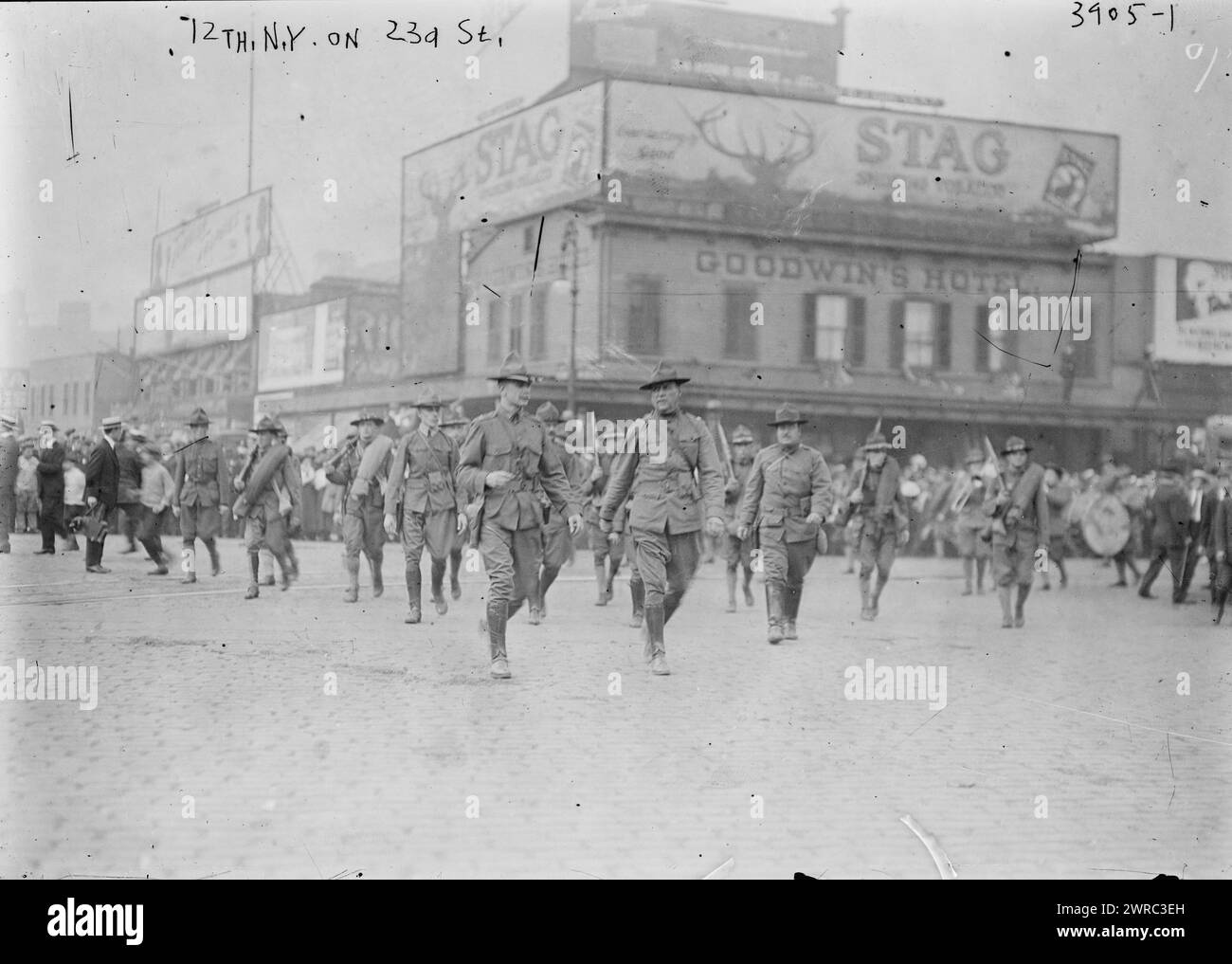 12th N.Y. on 23d St., Photograph shows the 12th New York Infantry of the National Guard in New York before heading for the Mexican border in June 1916., 1916 July, Glass negatives, 1 negative: glass Stock Photo