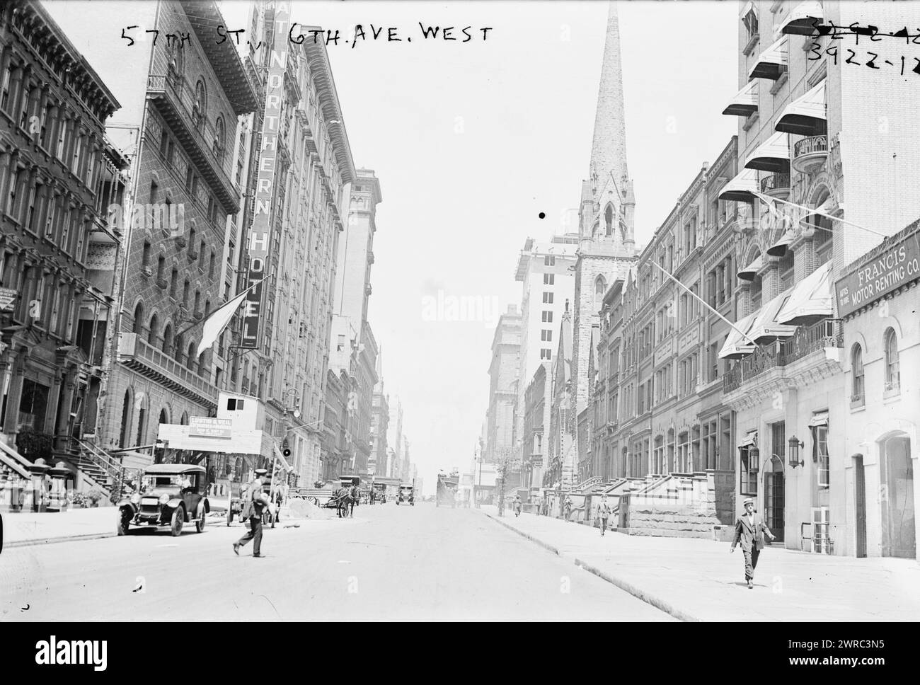 57th St., 6th Ave. West, Photograph shows the site of Steinway Hall, New York City, probably taken at the time Steinway Sons purchased the site for a new building. Zoning issues delayed construction until 1914-1925. The steeple of Calvary Baptist Church is visible., 1916, Glass negatives, 1 negative: glass Stock Photo