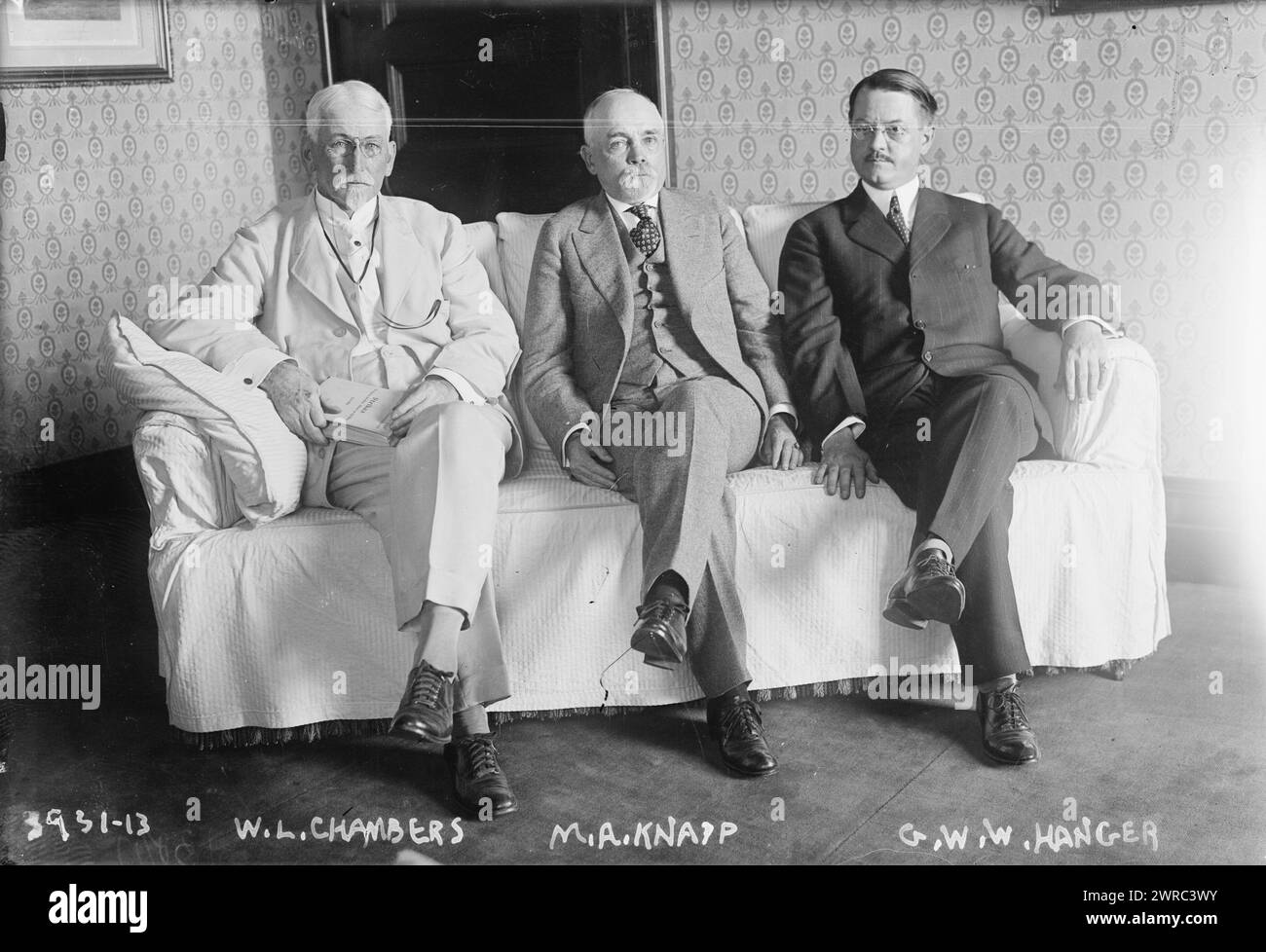 W.L. Chambers, M.A. Knapp, G.W.W. Hanger, Photo shows members of the U.S. Board of Mediation and Conciliation for the settlement of disputes between railroads and their employees including Martin A. Knapp, William Lea Chambers, and George W.W. Hangar., 1916, Glass negatives, 1 negative: glass Stock Photo