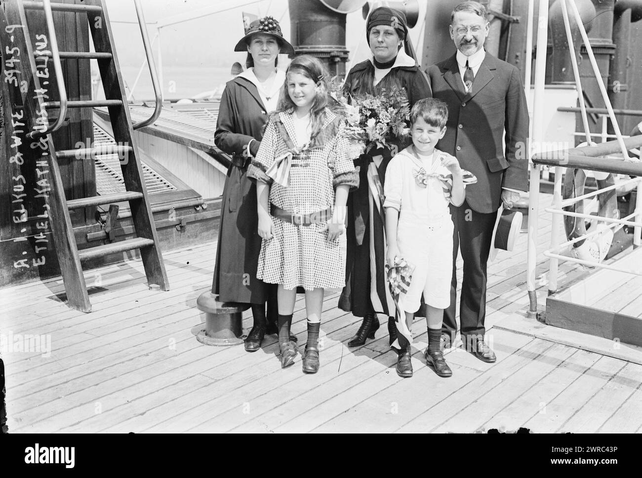 A.I. Elkus & wife, Ethel, Kate & Jas. H. Elkus, Photograph shows U.S. Ambassador to the Ottoman Empire Abram I. Elkus (1867-1947), leaving New York on August 17, 1916 on the ocean liner Oscar II with his wife Gertrude Hess Elkus, daughters Ethel J. and Katharine, and his son James Hess Elkus., between ca. 1915 and ca. 1920, Glass negatives, 1 negative: glass Stock Photo