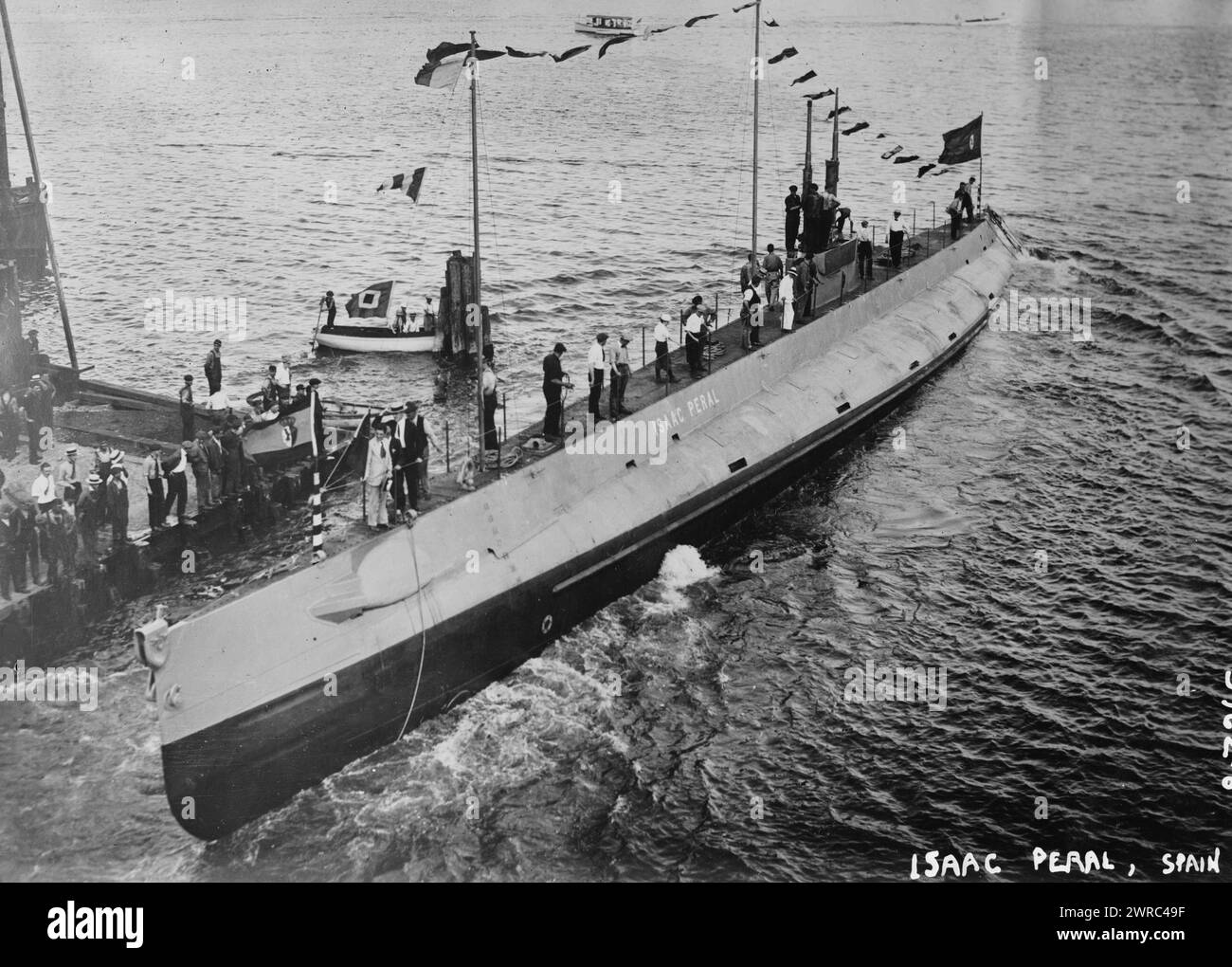 ISAAC PERAL, Spain, Photograph shows the Isaac Peral, a 200' long submarine built at th Fore River shipyard in Quincy, Massachusetts, for the Spanish Navy. Launching took place on July 22, 1916., 1916, Glass negatives, 1 negative: glass Stock Photo