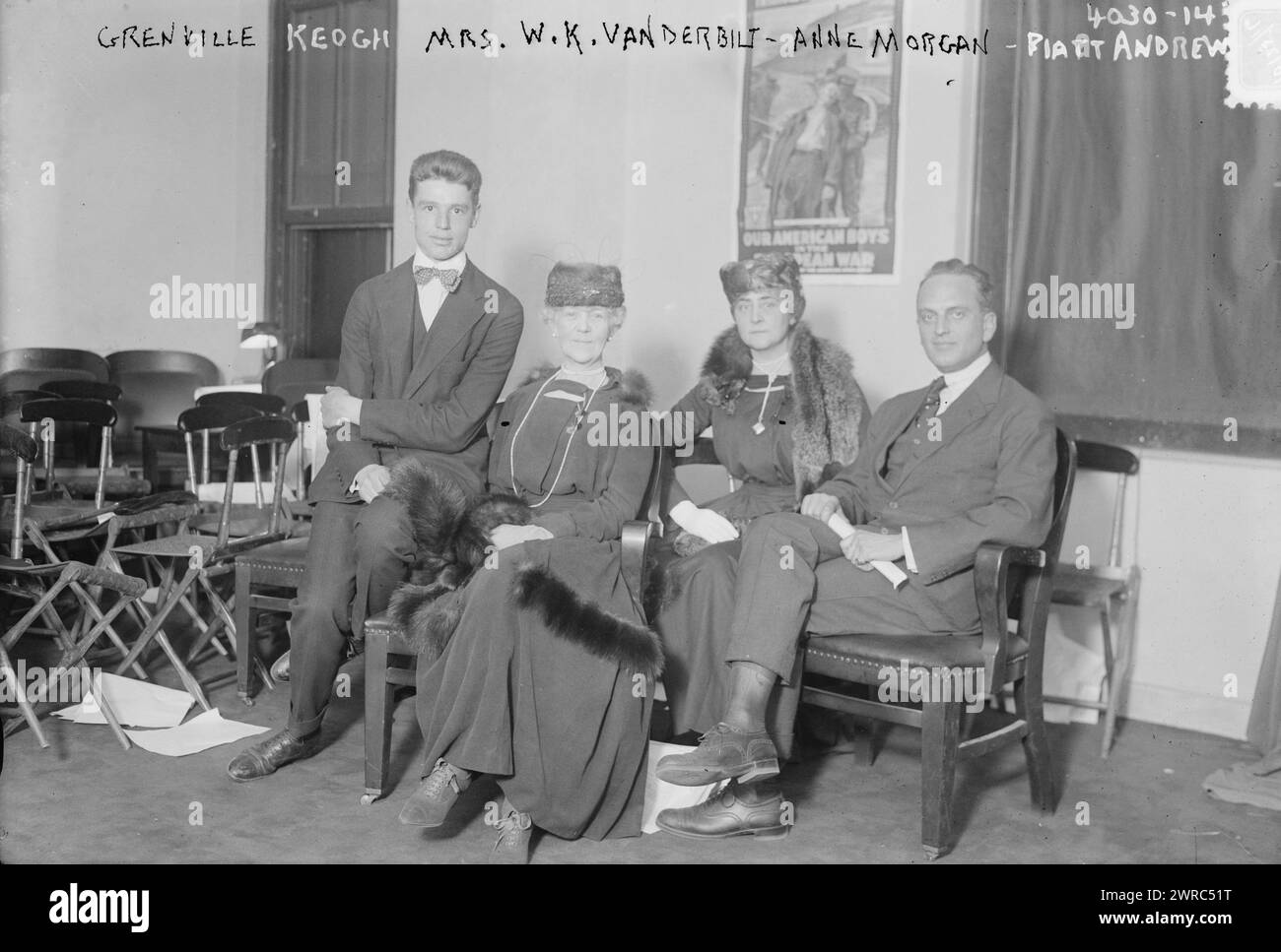 Grenville Keogh, Mrs. W.K. Vanderbilt, Anne Morgan, Piatt Andrew, Photograph shows Grenville Keogh, an ambulance driver for the American Ambulance Field Service and Anne Harriman Sands Rutherfurd (Mrs. William Kissam Vanderbilt) with others., between ca. 1915 and ca. 1920, Glass negatives, 1 negative: glass Stock Photo
